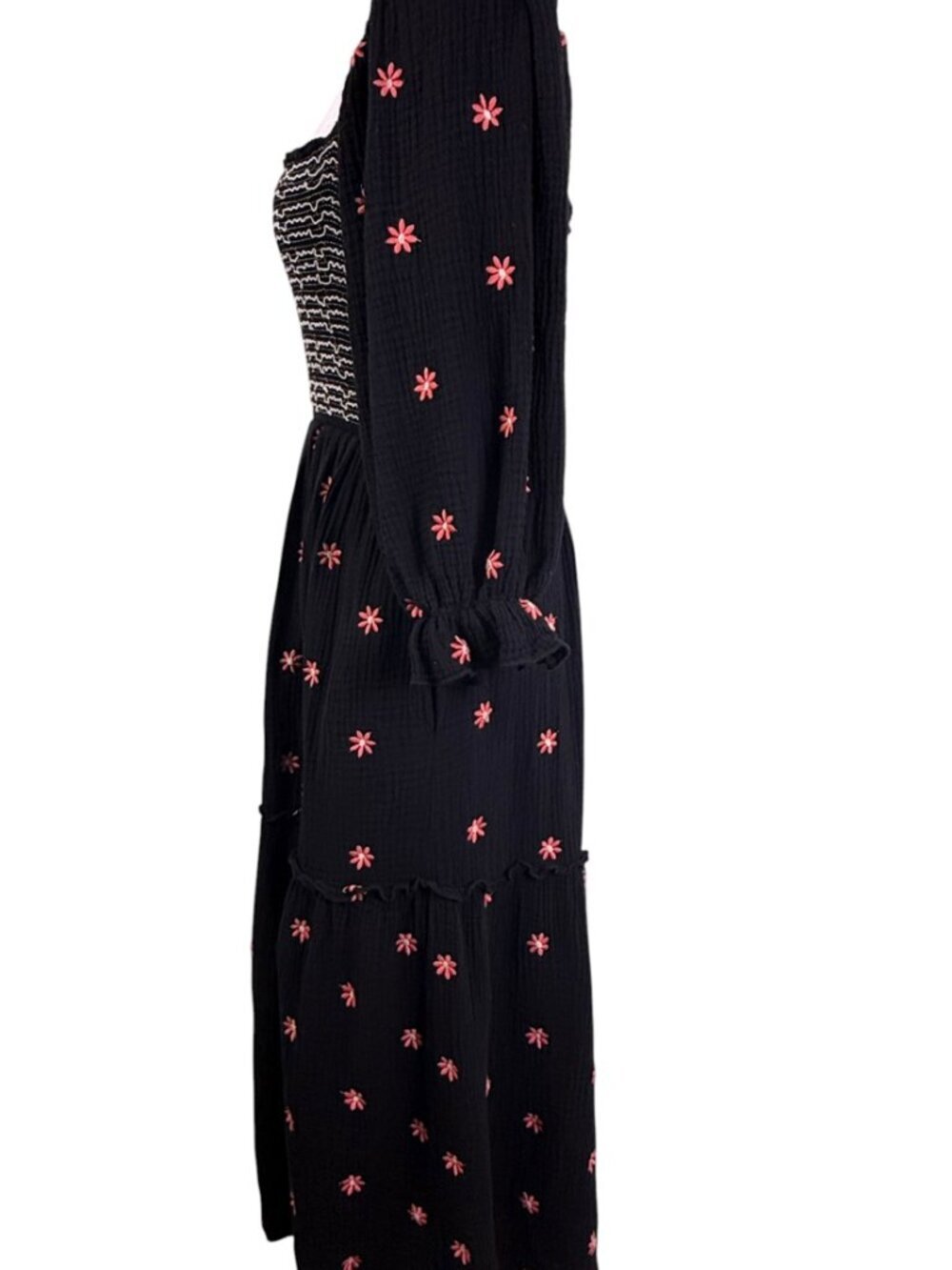 Boutique Style Black Smocked Midi Dress Pink Embroidered Floral Cottagecore M - Picture 10 of 14